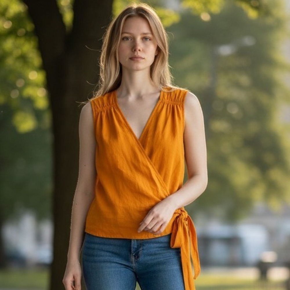 Maeve Anthropologie Orange Sleeveless Wrap Tie Side Blouse Smocked Back Medium